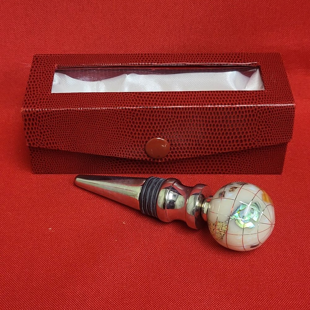 Gemstone World Globe Chrome Base Wine Bottle Stopper Cloisonne Inlaid